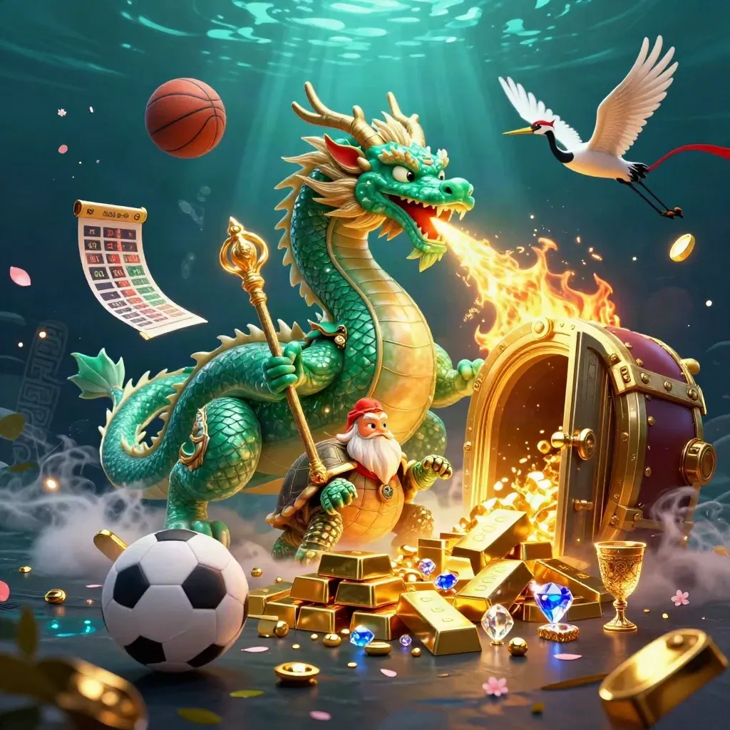 Jade dragon, turtle sage, and cranes amid gold, treasure, and sports icons in a glowing fantasy scene.