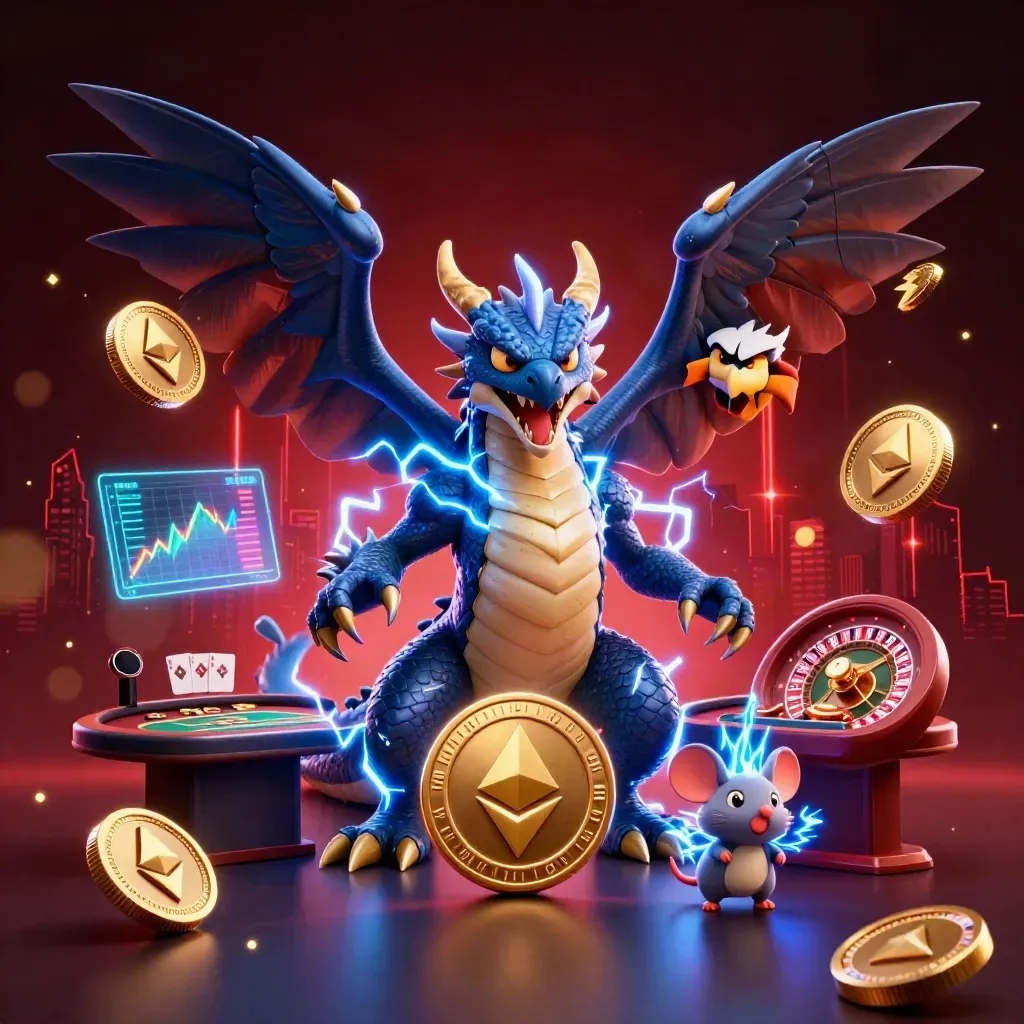 Thunder dragon, glowing hawk and static mouse amid casino lights, coins, roulette wheel and neon glow