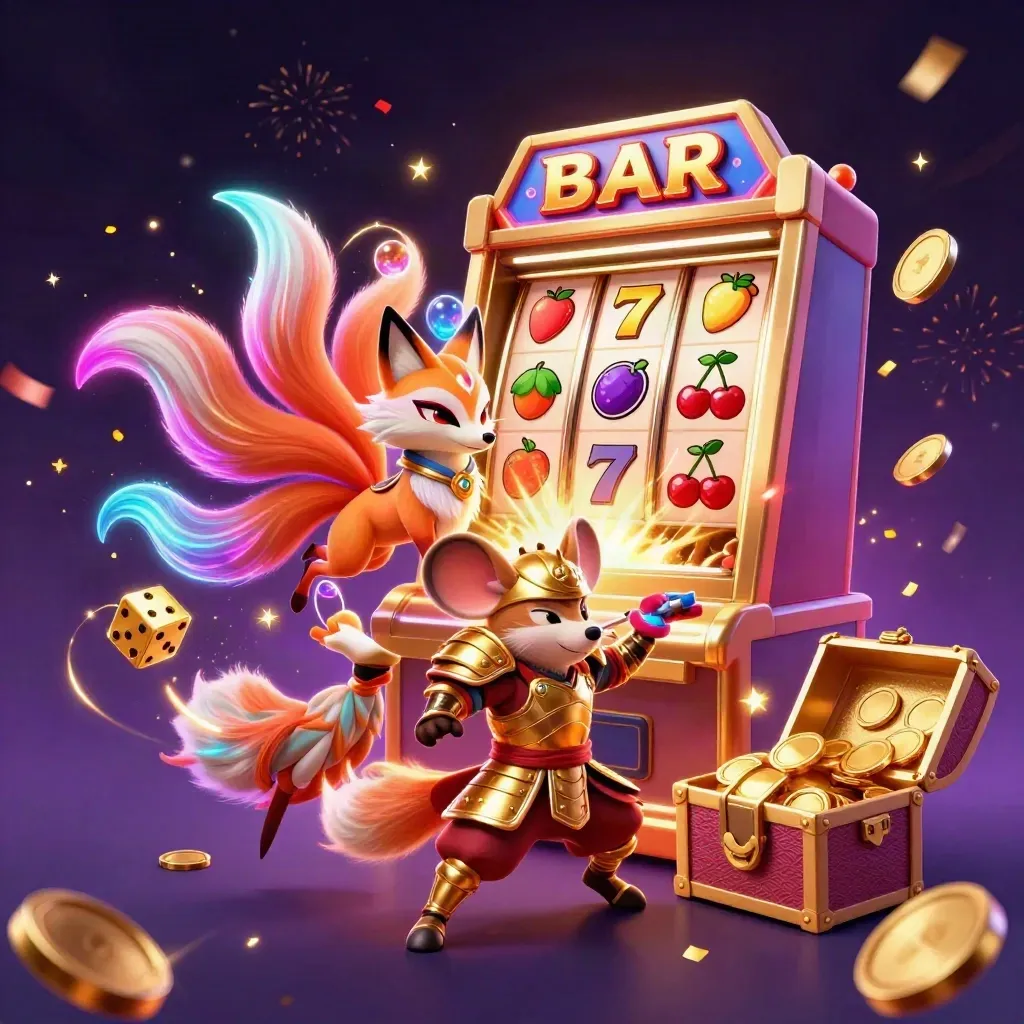 Fox spirit and armored mouse amid exploding slot reels, gold coins, fireworks, and treasure.