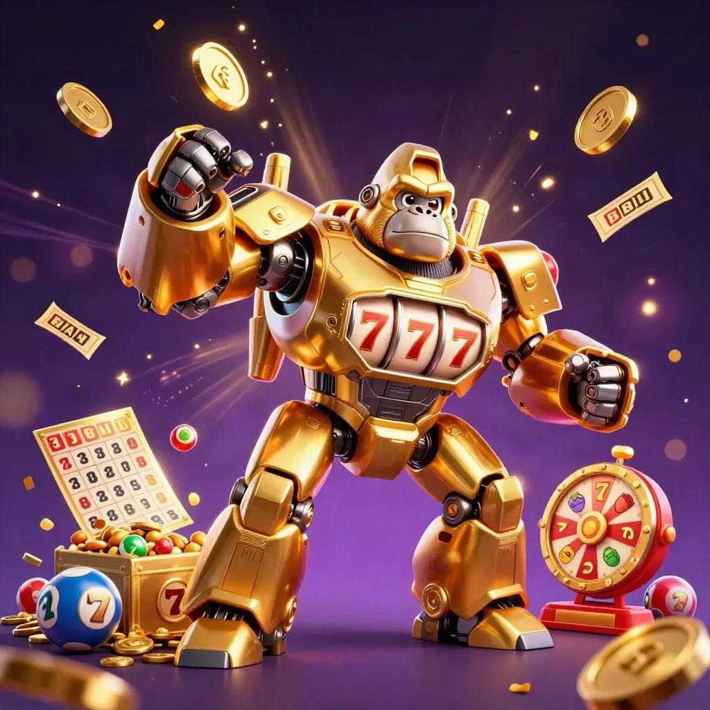 Golden gorilla mech and monkey pilot erupting with coins, reels, fireworks and jackpot chaos.