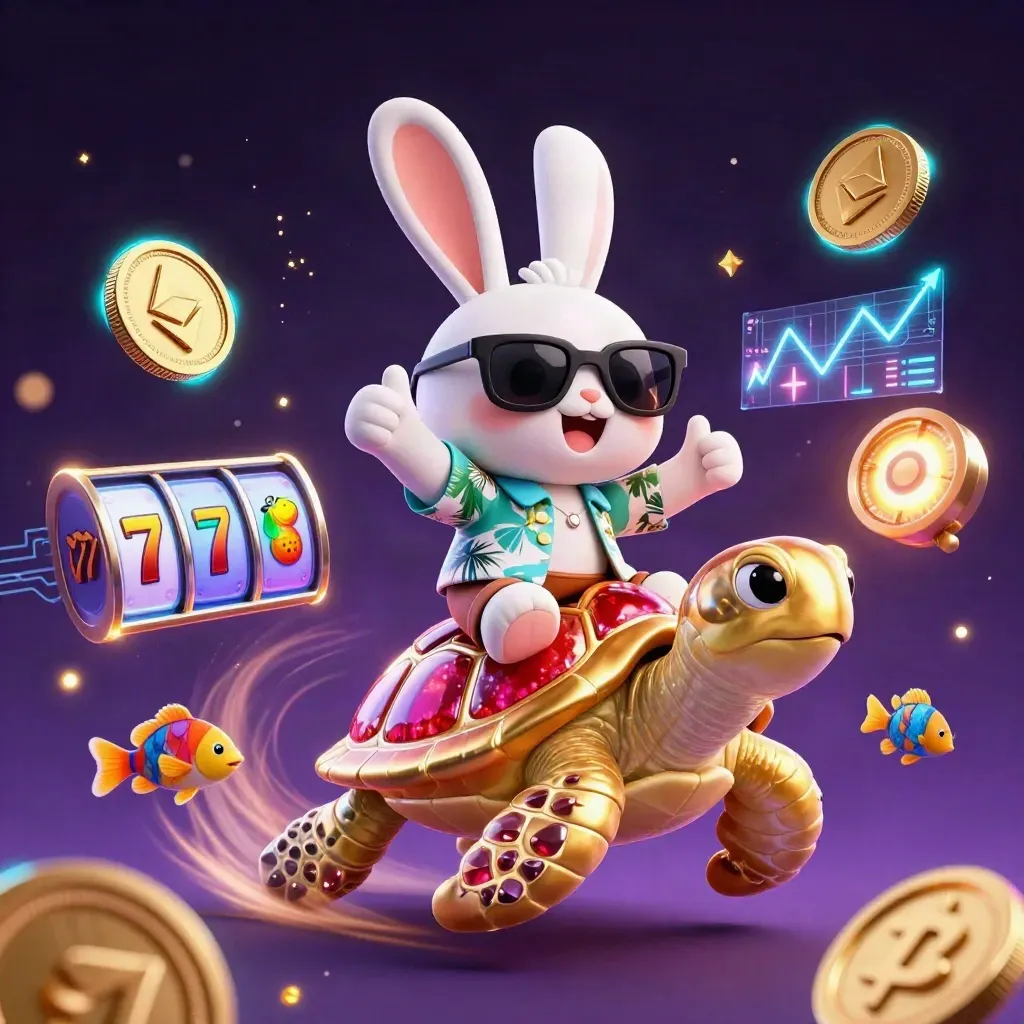 Cartoon rabbit rides a gem turtle amid coins, slots, lightning, and neon casino energy.